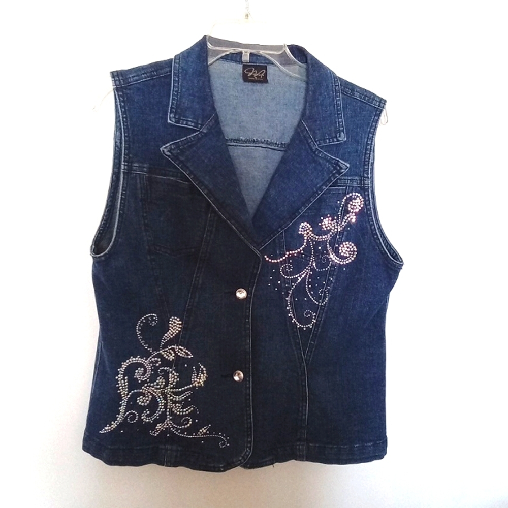 Katina Marie Women's Upstyled Denim Vest with Rhinestone Embellishments  Medium
